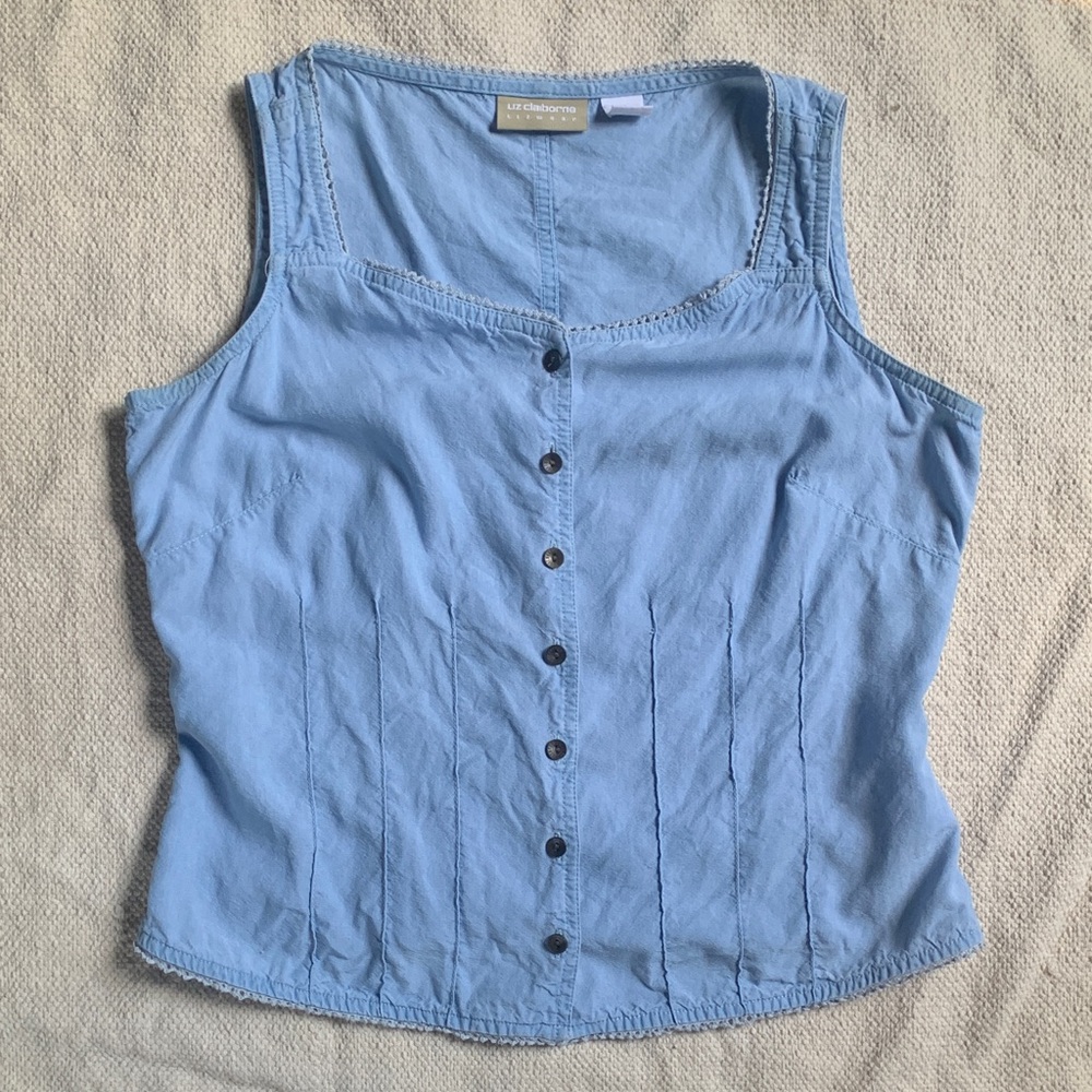 Lizwear Pesant Style button-down chambray top with delicate neckline detail